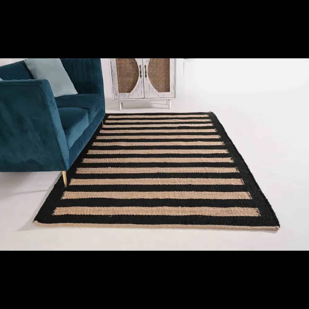 Custom Handmade Black Hemp Jute Rug with Beige Stripes - Image 2