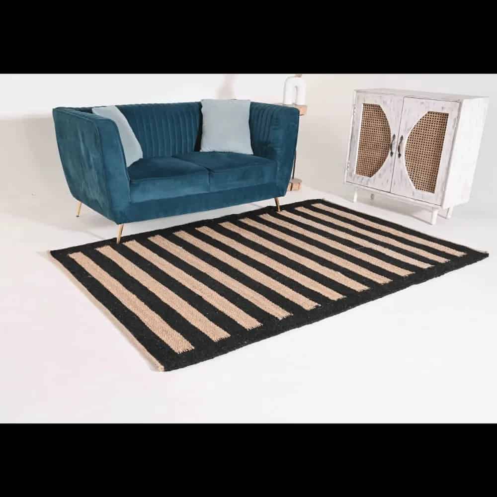 Custom Handmade Black Hemp Jute Rug with Beige Stripes - Image 1
