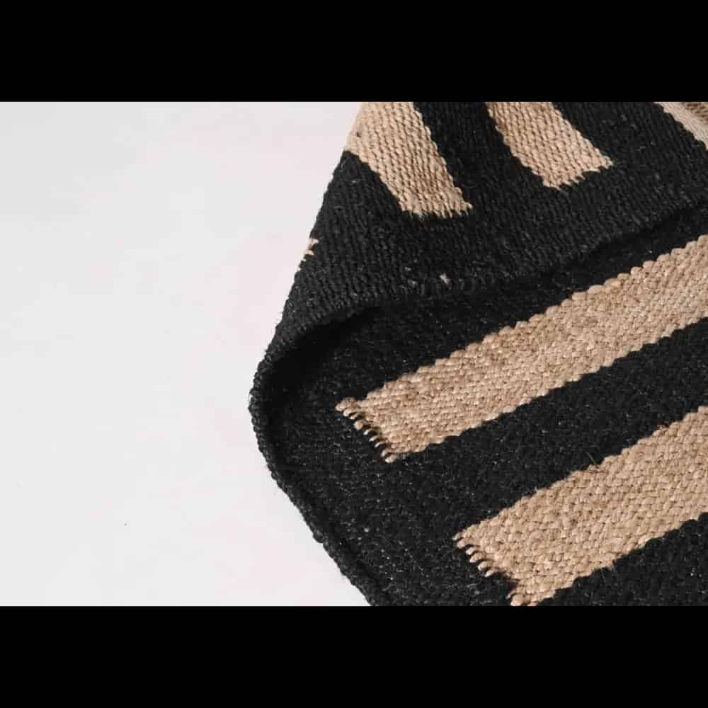 Custom Handmade Black Hemp Jute Rug with Beige Stripes - Image 3