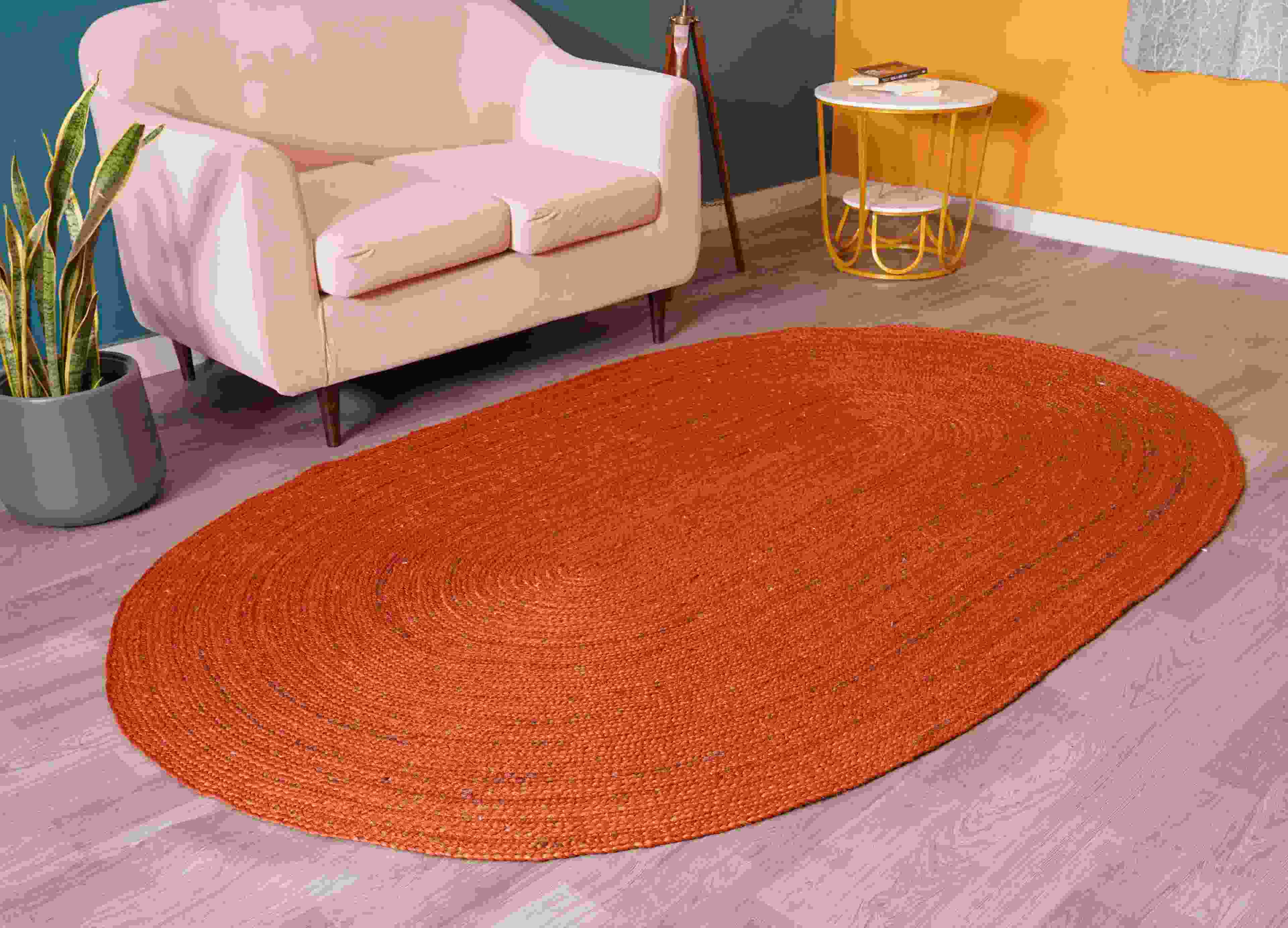 Indian Hand Braided Bohemian Orange Jute Oval Rug Yoga Mat Home