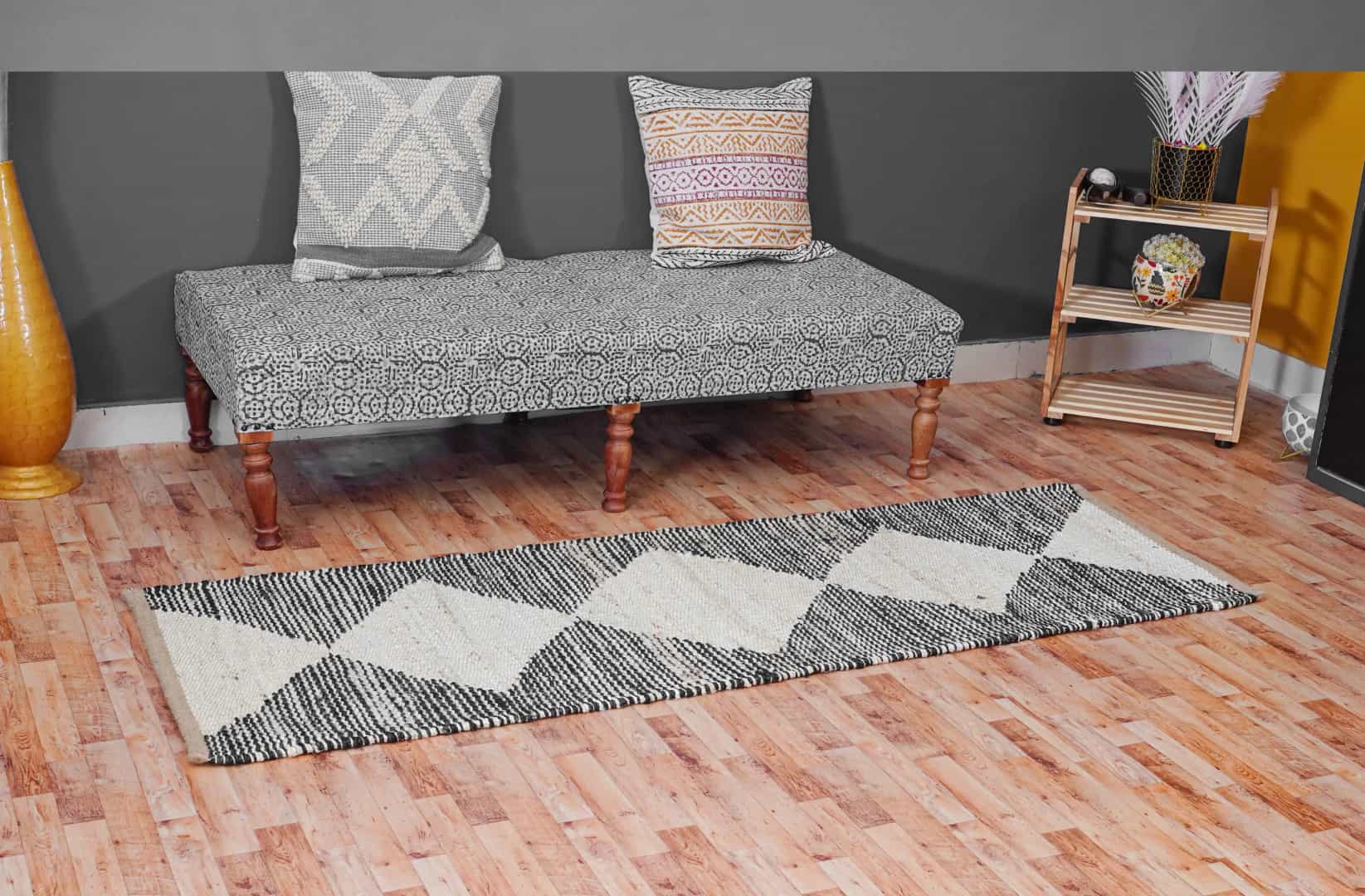 White and Black Handwoven Jute Hemp Runner Rug - Image 12