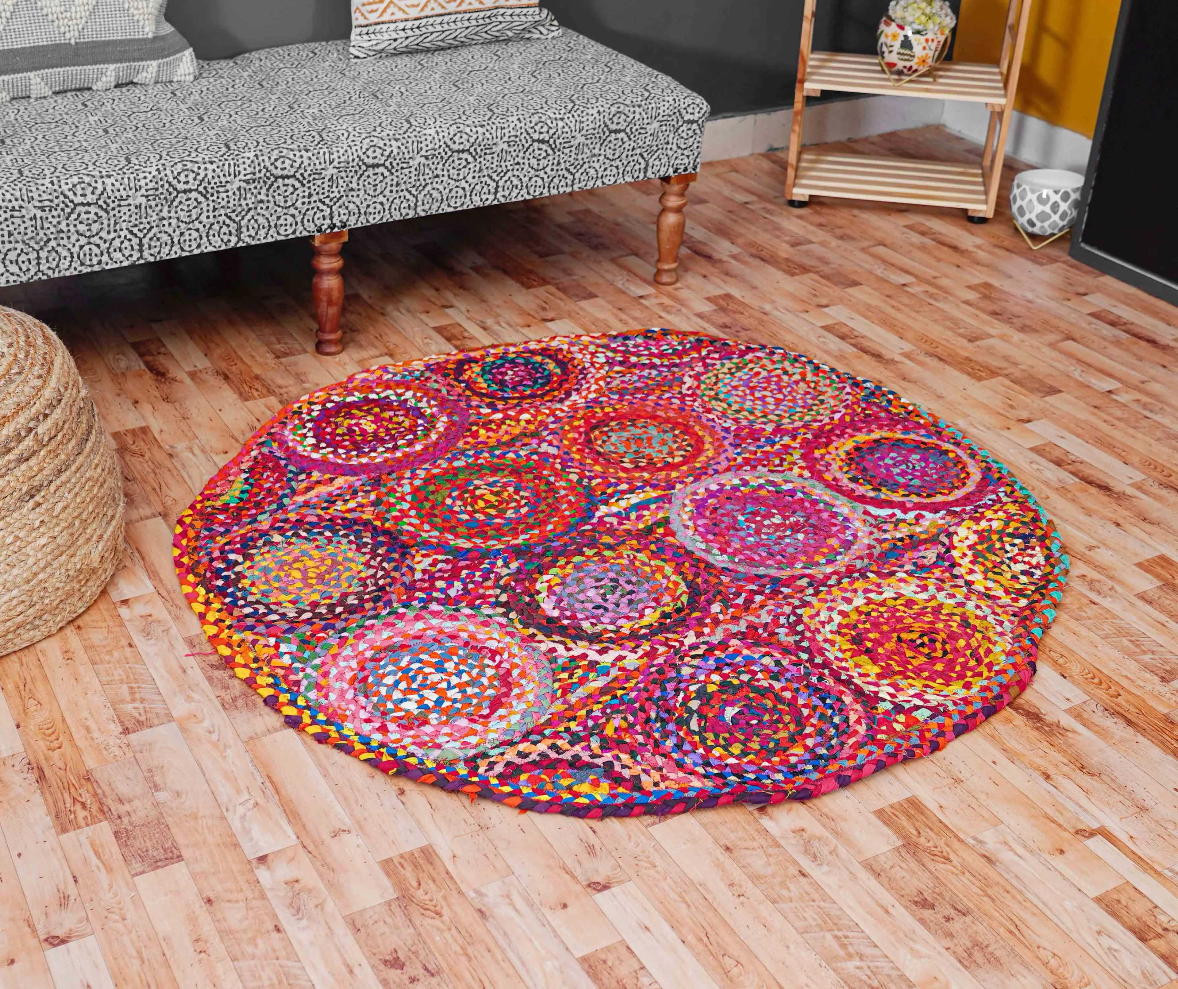 Beautiful Traditional Design Handmade Multicolor Cotton Braided Round Area  Rug