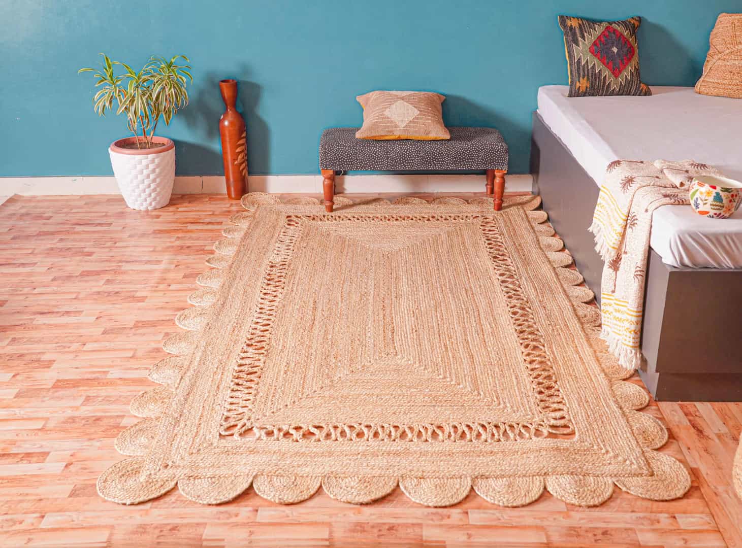 Scalloped Handmade Natural Jute Braided Eco Friendly Home Decor Boho Rectangle Rug - Image 1
