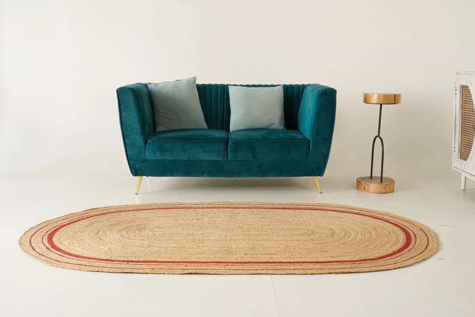 Triple Line Color Border Custom Size Handmade Natural Jute Braided Oval Rug - Image 2