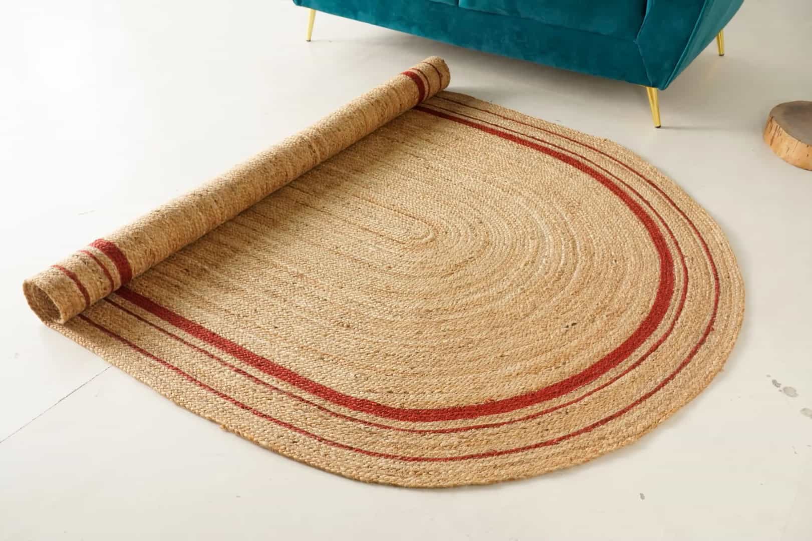 Triple Line Color Border Custom Size Handmade Natural Jute Braided Oval Rug - Image 4