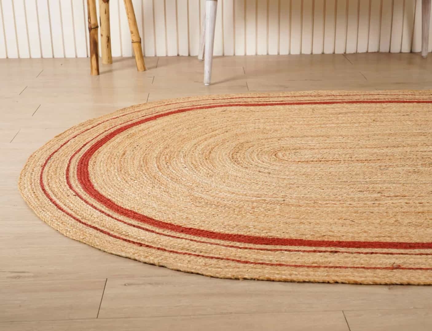 Triple Line Color Border Custom Size Handmade Natural Jute Braided Oval Rug - Image 11