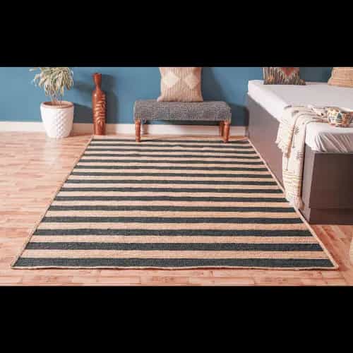 Natural Hand Braided Beige Jute Rug With Black Striped Line Rug  - Image 4
