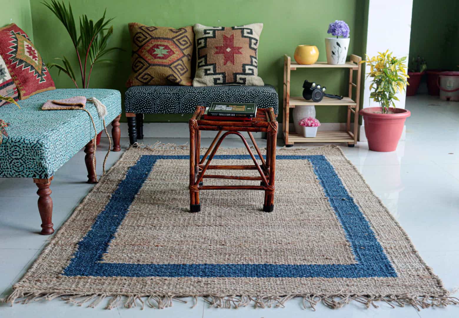 Handmade Natural Jute Hemp Rug With Blue Border Stair Decor Hemp Hand Loomed Handwoven Rugs Throw Carpet Home Decor Hemp Rug For Living Home Decor Rug  - Image 5