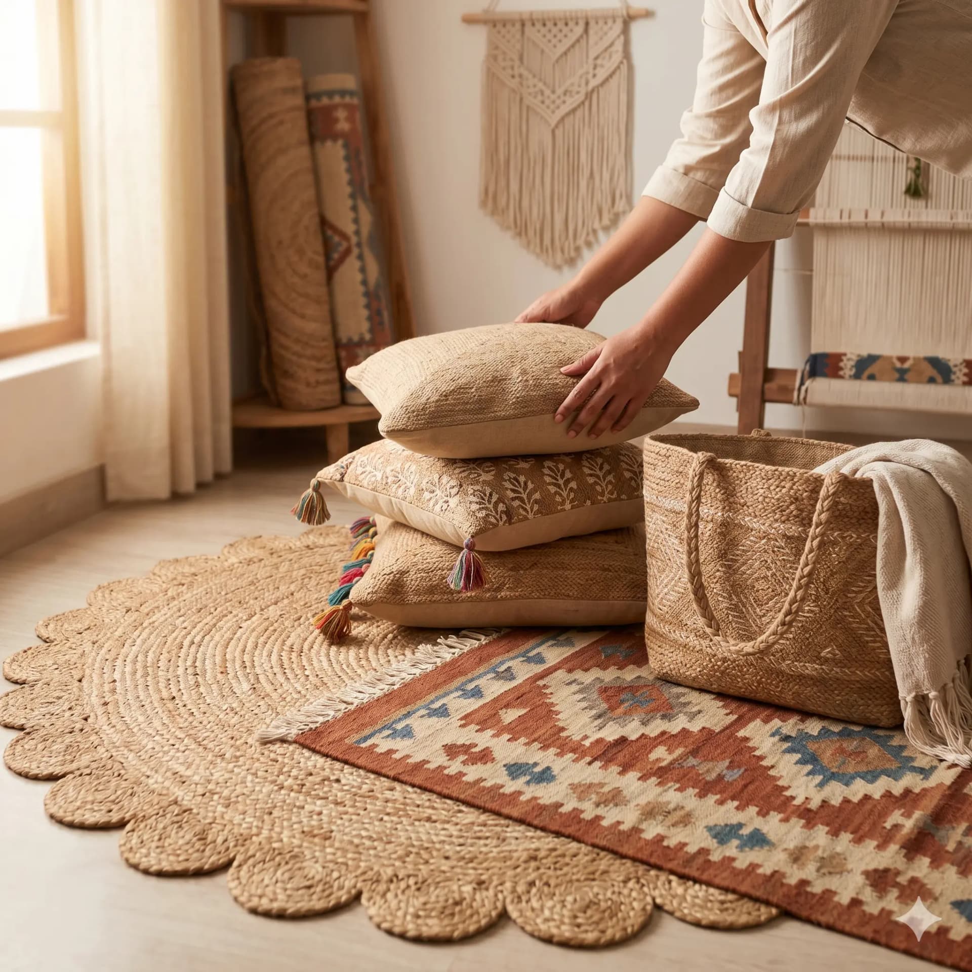 Handcrafted rugs arranged in a warm interior
