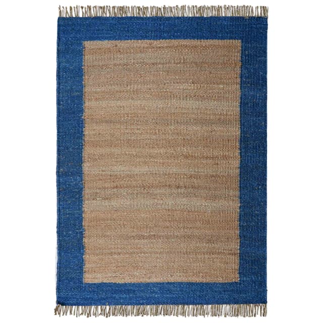 Indian Handloom Jute Hemp Rug with Blue Border