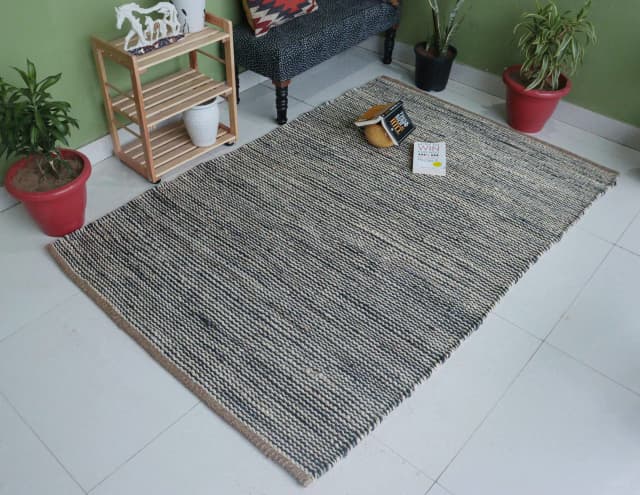 White and Blue Handmade Bohemian Hemp Jute Rug