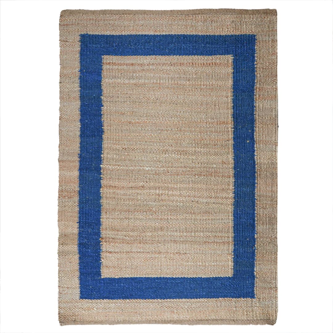 Beige And Blue Handmade Hemp Jute Rug