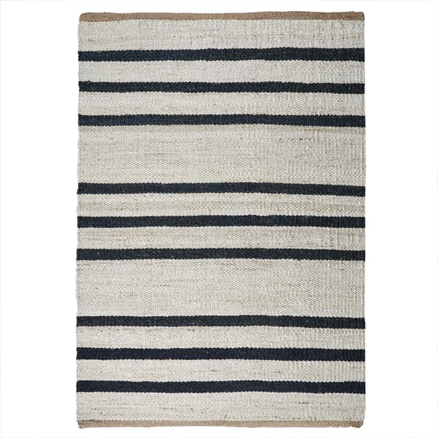 Indian Handmade White Natural Jute Hemp Rug with Black Stripes