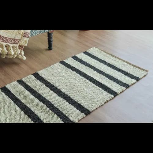 Indian Handmade White Natural Jute Hemp Rug with Black Stripes