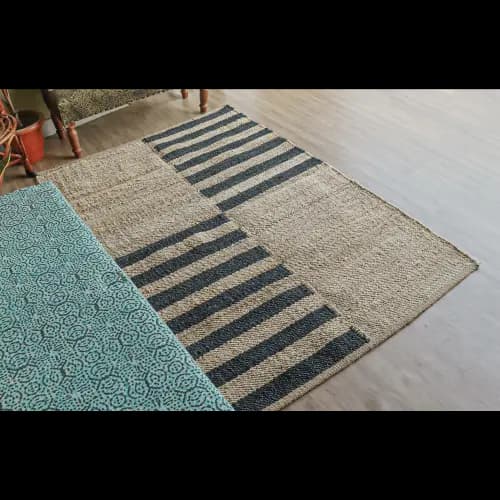 Indian Handmade Natural Jute and Black Stripes Hemp Rug