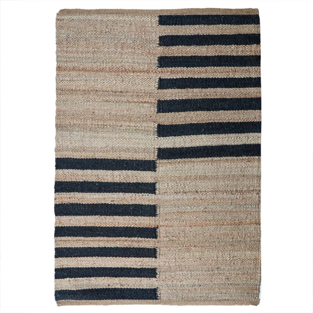 Indian Handmade Natural Jute and Black Stripes Hemp Rug