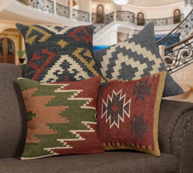 Handmade Set of 4 Vintage Kilim Wool Jute Pillow Covers