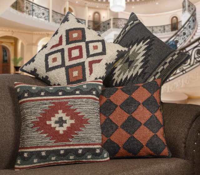 4 Set of 45x45 Vintage Kilim Wool Jute Cushion Cover