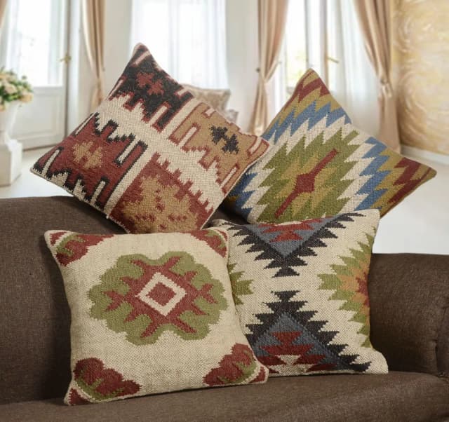 Indian Handmade Square Wool Jute Kilim Pillowcases