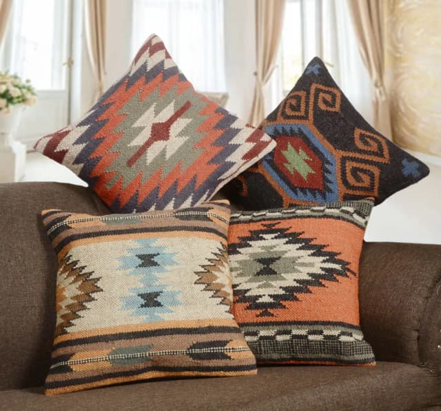 Indian Vintage Multicolor Kilim Wool Jute Cushion Cover
