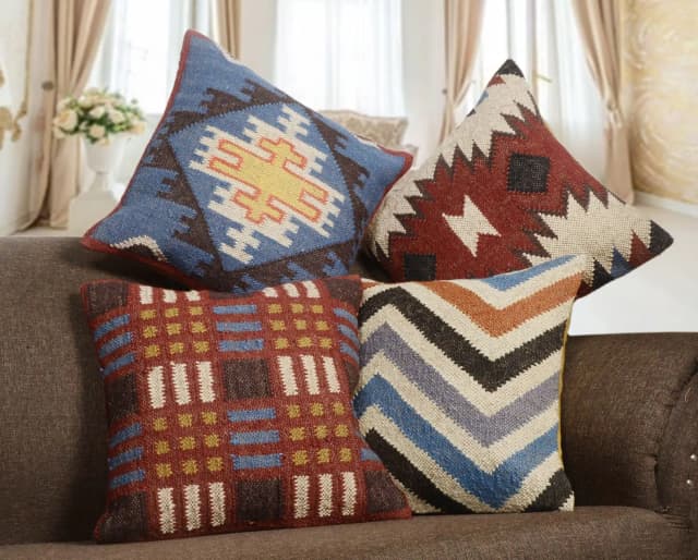Handwoven Multicolor Bohemian Wool Jute Kilim Pillowcases