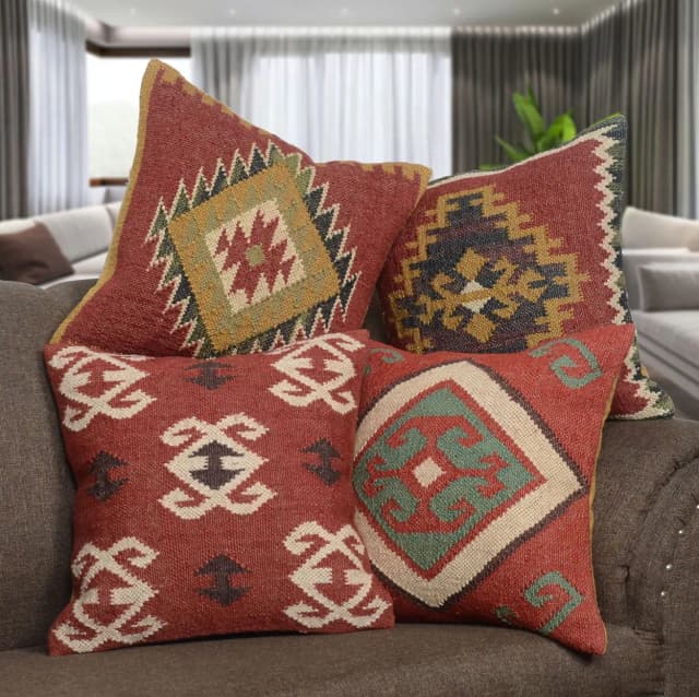 Set of 4 Indian Handmade Wool Jute Kilim Cushion Covers