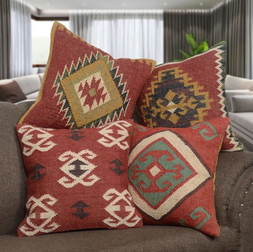 Set of 4 Indian Handmade Wool Jute Kilim Cushion Covers