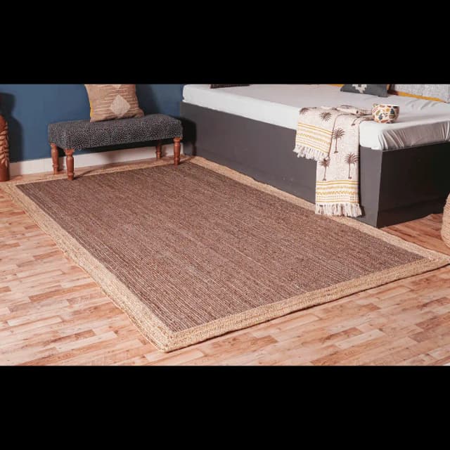 Hand Braided Brown Color Jute Rug with Natural Border