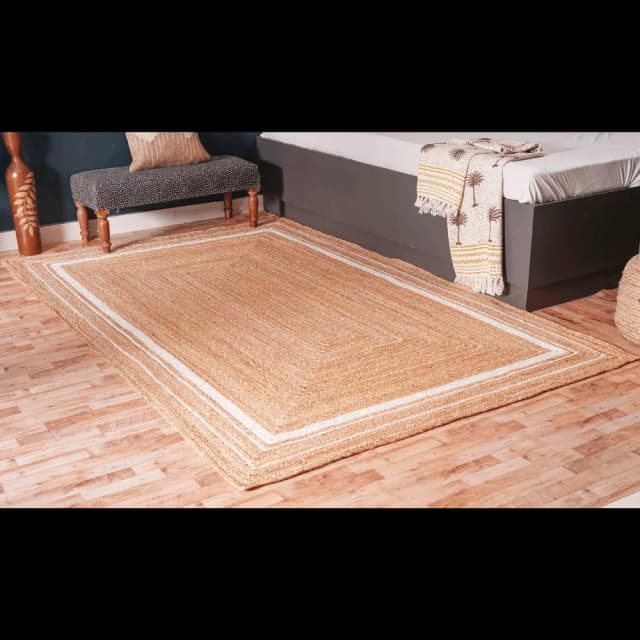 Hand Braided Natural Jute Rug with Triple Line White Border