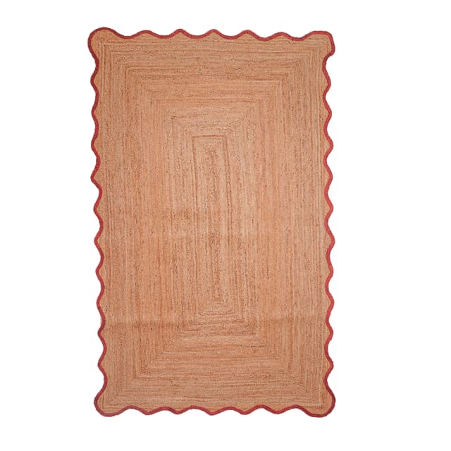 Scalloped Natural Jute Rug with Red Border