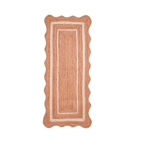 Hand Braided Beige Scalloped Runner Jute Rug With Double Line White Border