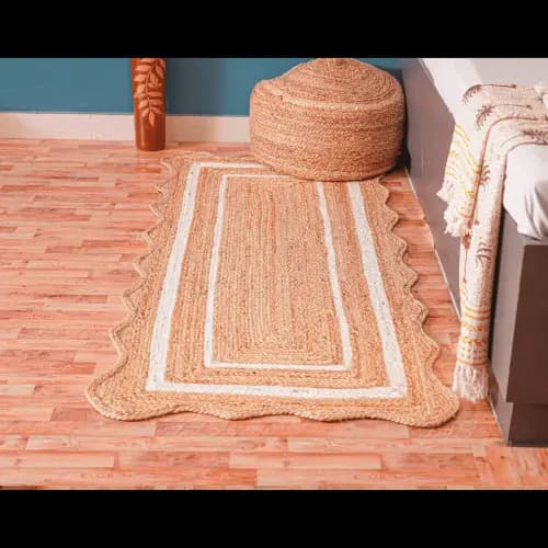 Hand Braided Beige Scalloped Runner Jute Rug With Double Line White Border