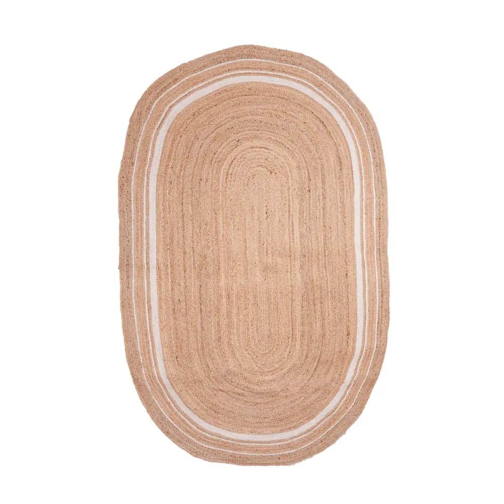 Hand Braided Natural Jute Oval Rug with White Triple Line Border