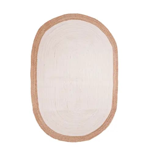 White Jute Hand Braided Oval Rug with Natural Border