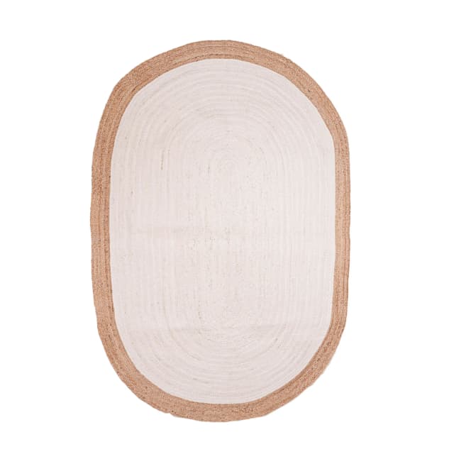 White Jute Hand Braided Oval Rug with Natural Border