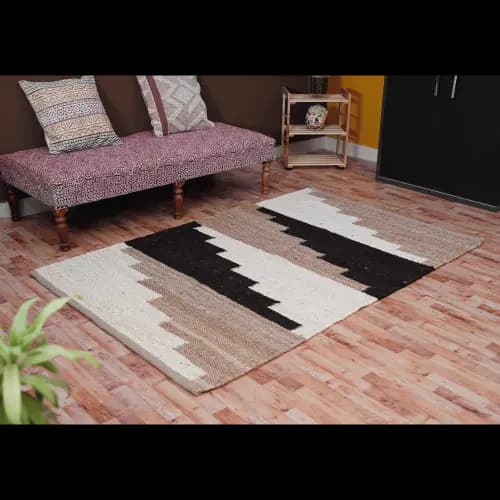 Off White, Black and Natural Jute Hemp Rug for Home and Living Decor