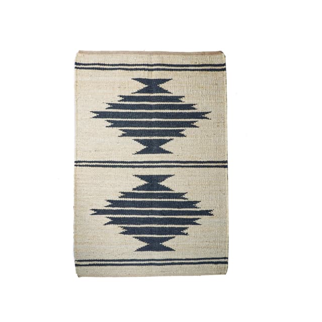 Off White and Black Hand Loomed Jute Hemp Rug