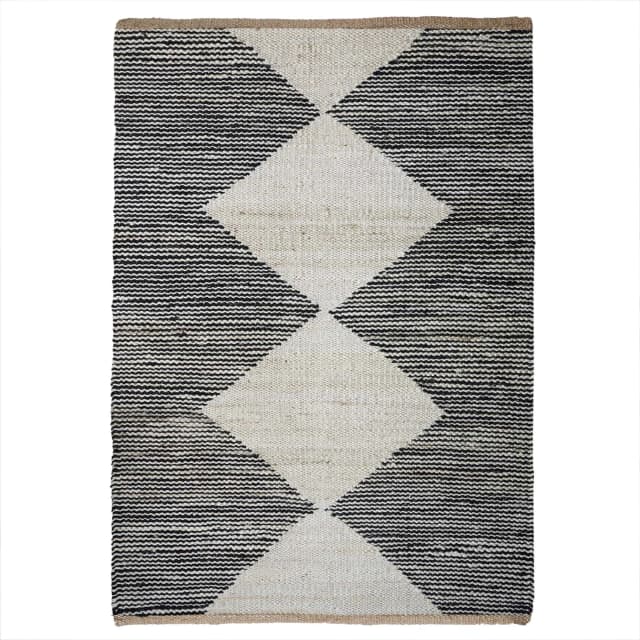 Black and Off White Handwoven Jute Hemp Rug