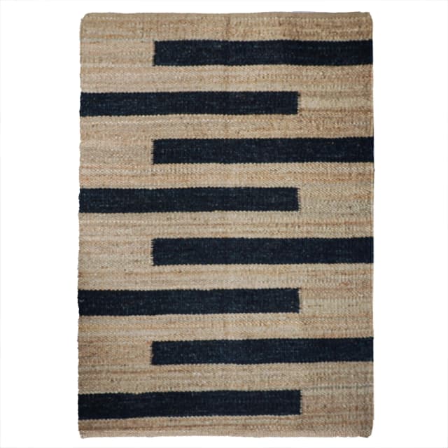 Indian Handwoven Natural Jute Hemp Rug with Black Stripes 