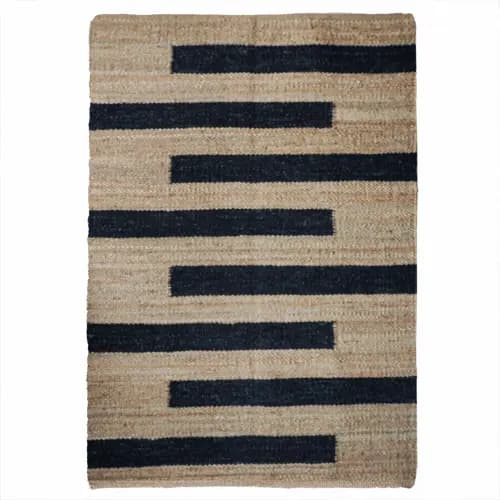 Indian Handwoven Natural Jute Hemp Rug with Black Stripes 