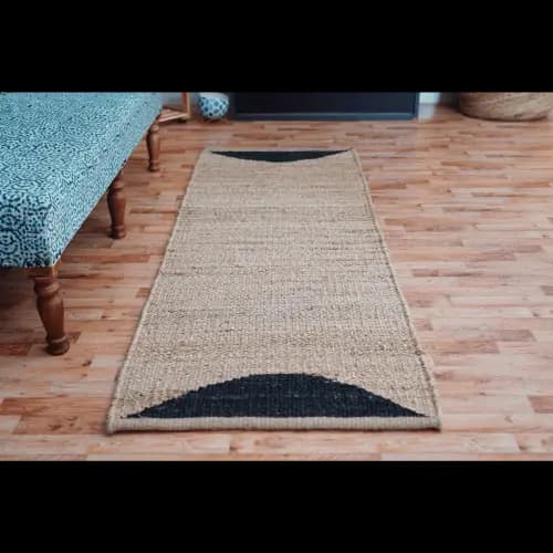 Indian Hand Loomed Natural Jute Hemp Rug with Black Design