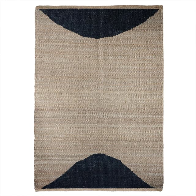 Indian Hand Loomed Natural Jute Hemp Rug with Black Design