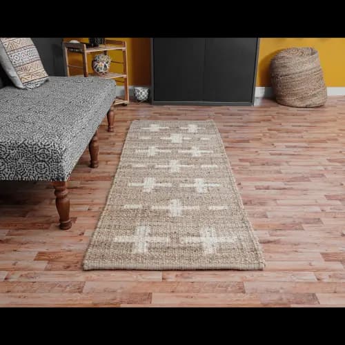 Custom Size Hand Loomed Natural Jute Hemp Rug with Off White Design