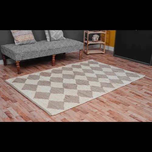 Beige and Off White Box Design Hand Loomed Jute Hemp Rug 