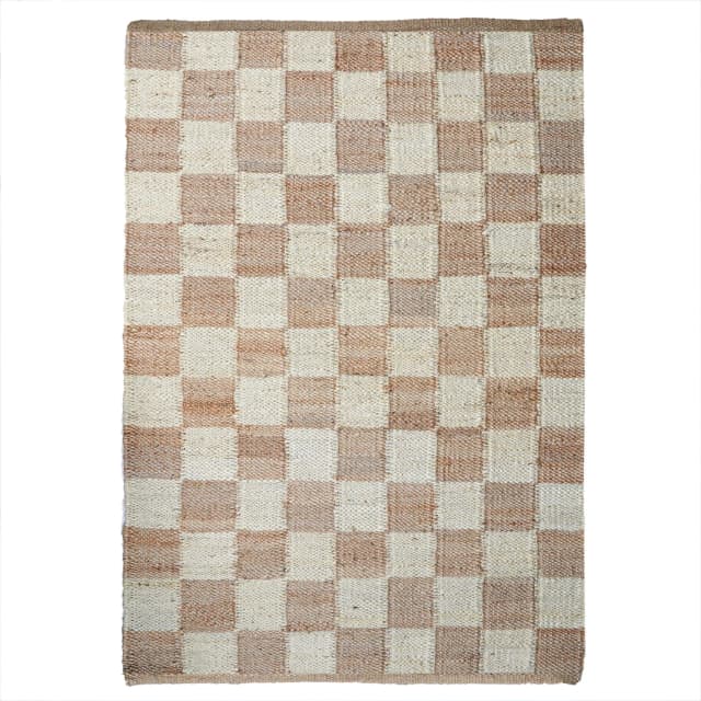 Beige and Off White Box Design Hand Loomed Jute Hemp Rug 