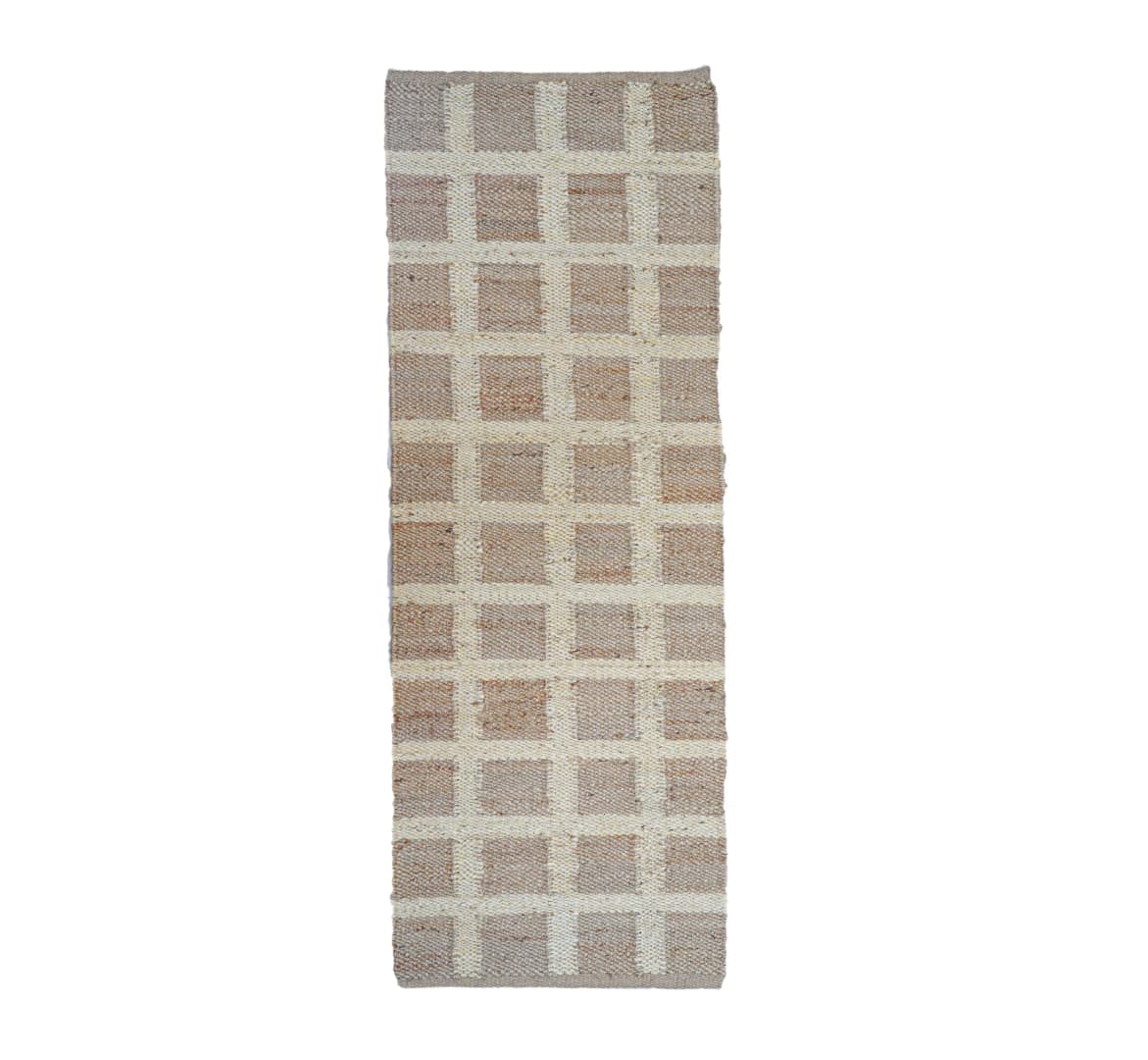 Handwoven Beige and Off White Checkered Jute Hemp Runner Rug