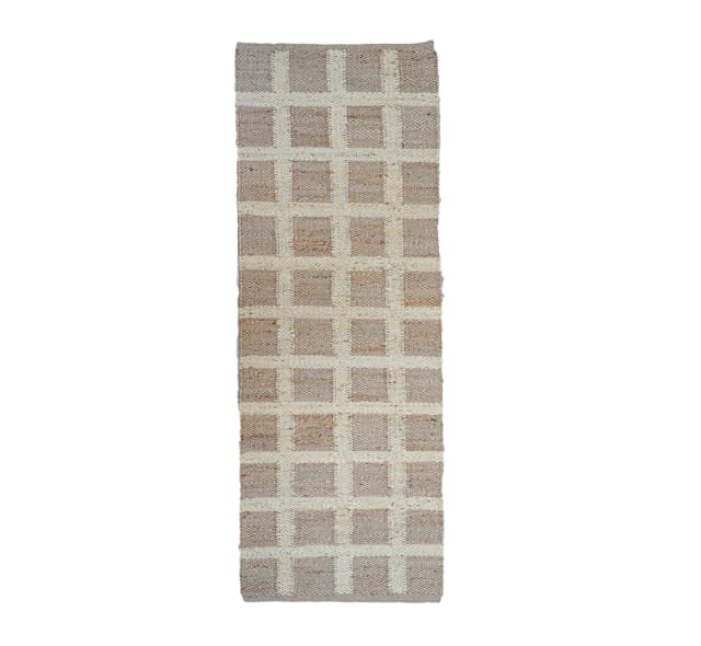 Handwoven Beige and Off White Checkered Jute Hemp Runner Rug