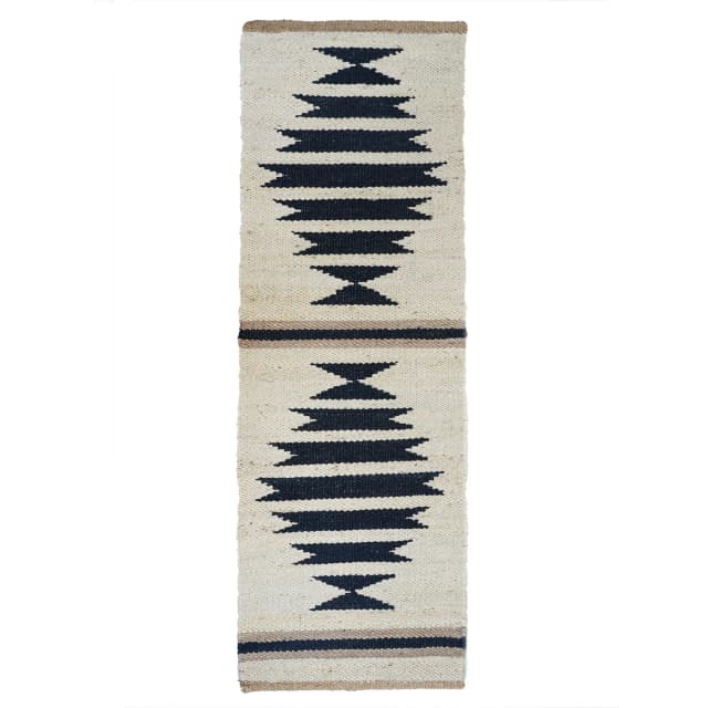 Off White with Black Design Hand Loomed Jute Hemp Runner Rug