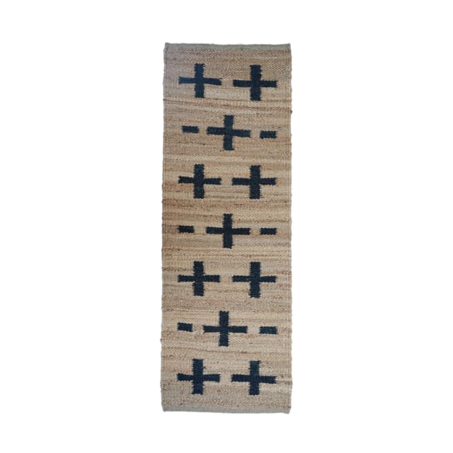 Hand Loomed Natural Jute Hemp Runner Rug with Black Plus Design