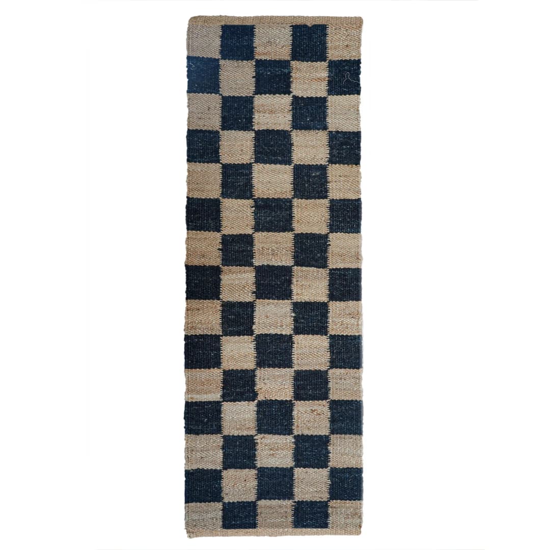 Checkered Handwoven Beige and Black Jute Hemp Runner Rug